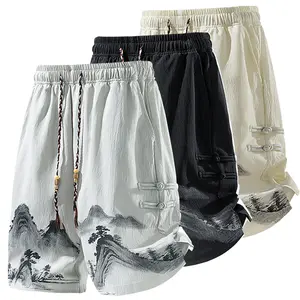 Men’s vintage Chinese ink landscape print shorts, summer lightweight linen blend casual shorts, drawstring waist oriental-style beach pants
