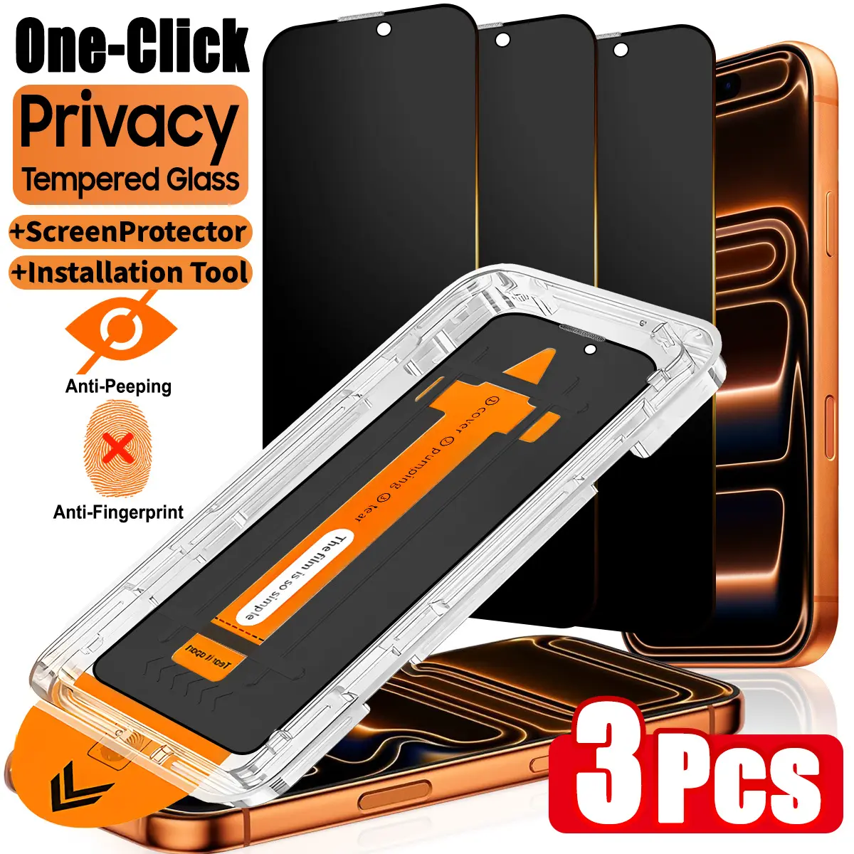 3-Pack Privacy Tempered Glass Film Protector for iPhone 17 Pro Max/17 Pro/16/15/15 Plus/14/13/12/11/XS/XR, Installation, Protective 9h Full Screen Coverage, Anti-Fingerprint, Scratch-Resistant, Durable, Protection, Accessories
