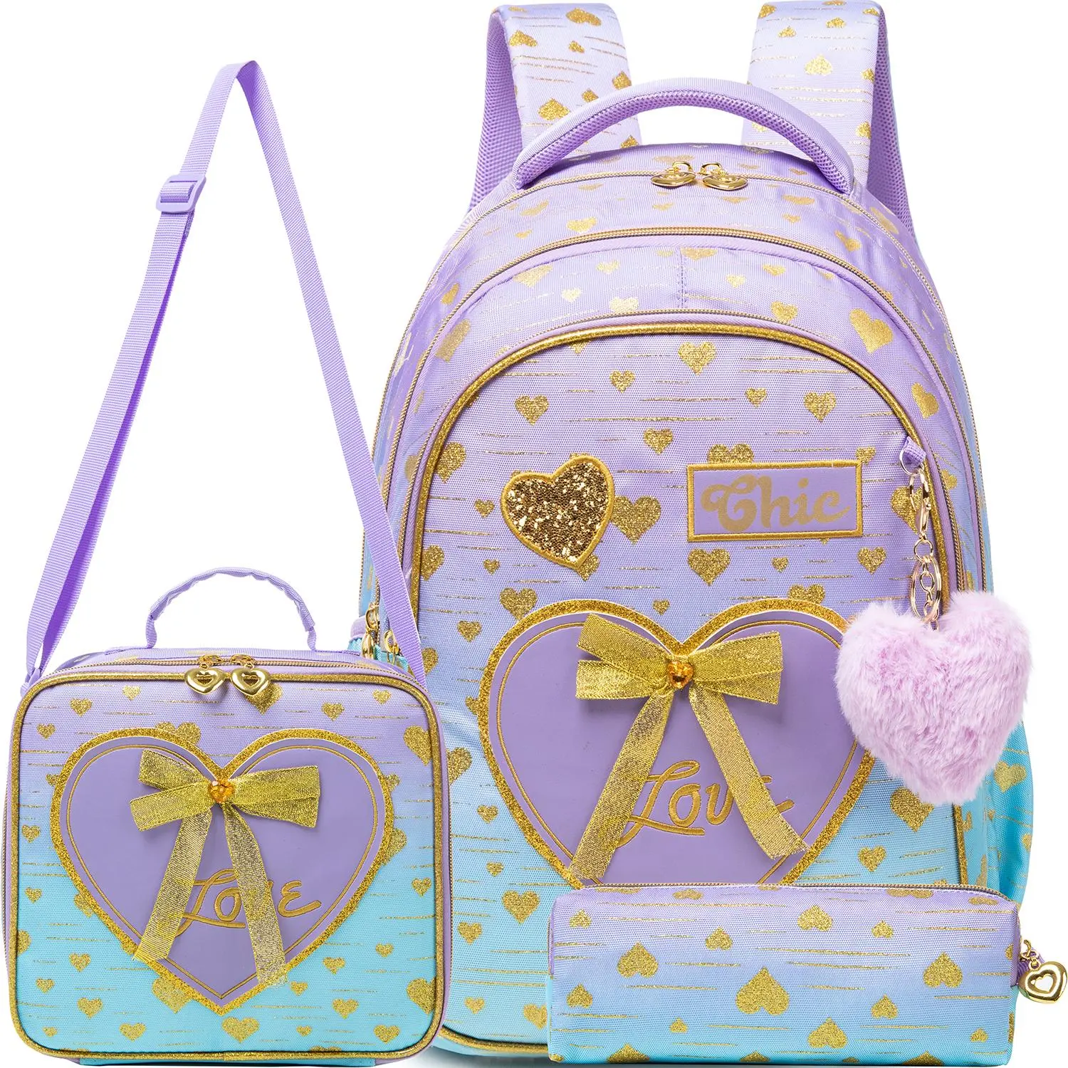 Girls' 3-Piece Purple Gradient Backpack Set, Chic Glitter Heart School Bookbag with Insulated Lunch Box, Pencil Case, Adjustable Padded Straps, Gold Graphic & Custom 'Love' & 'Chic' Initial Stitching, Elegant Ribbon Travel Daypack for Kids