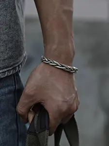 Men's Vintage Braided Open Cuff Bracelet, Alloy Electroplated Hip Hop Style, Worn Look Design, Fashion Accessory for Men