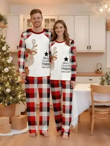 Men's Christmas reindeer black checkered couple set, red and black holiday two-piece pajamas, long-sleeved top and pants, comfortable winter couple casual wear, Christmas and New Year holiday matching clothing