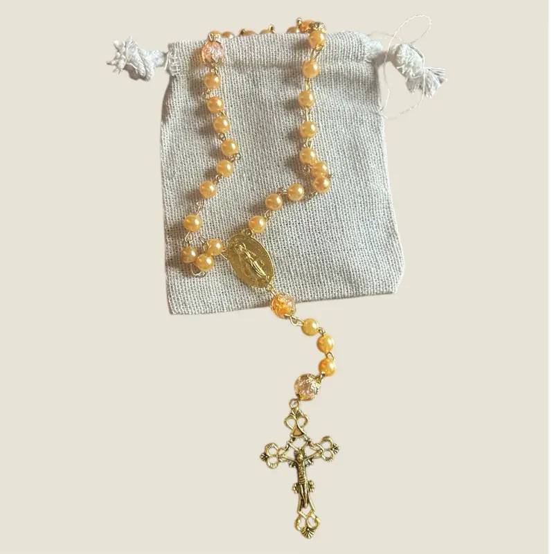 Gold Rosary with Elegant Beads and Detailed Cross Charm for Devotional Use