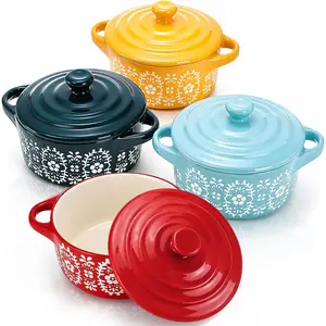 4 Pack Porcelain Ramekins with , 7 OZ Mini Casserole Dish with Handles, Round Ceramic Cocotte Bowl Set, Individual Small Baking Dish for Souffle, Creme Brulee, Lava Cake, Soup (4 Colors)