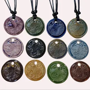 Handmade Ceramic Ocean Waves Faux Wax Seal Pendant Y2K Boho Hippie Whimsical Choker Adjustable Black Corded Necklace Clay Charms Jewelry