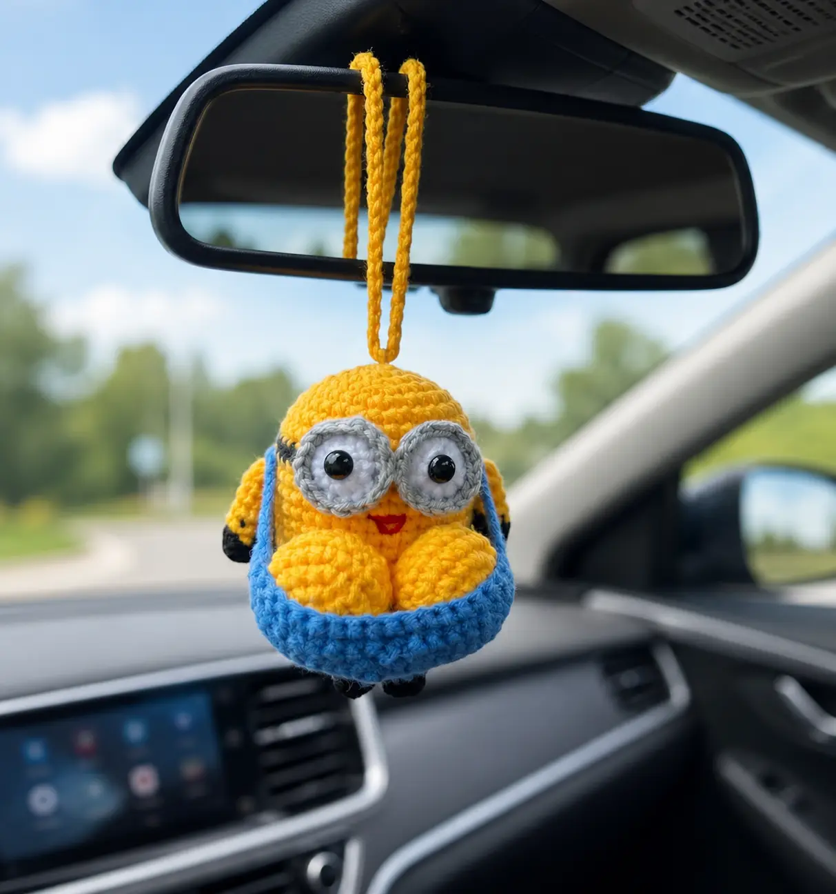 Handmade Chubby Cute Minion Crochet Car Hanging, Playful Mirror Decor