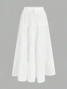 Women's White Chiffon Tiered Elastic High Waist Fitted A-Line Maxi Chic Elegant Skirt - Breathable Lightweight Summer Casual Style Womenswear Bottom