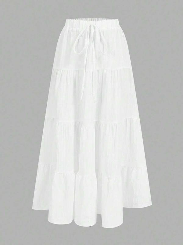 Women's White Chiffon Tiered Elastic High Waist A-Line Maxi Skirt - Breathable Summer Casual Style