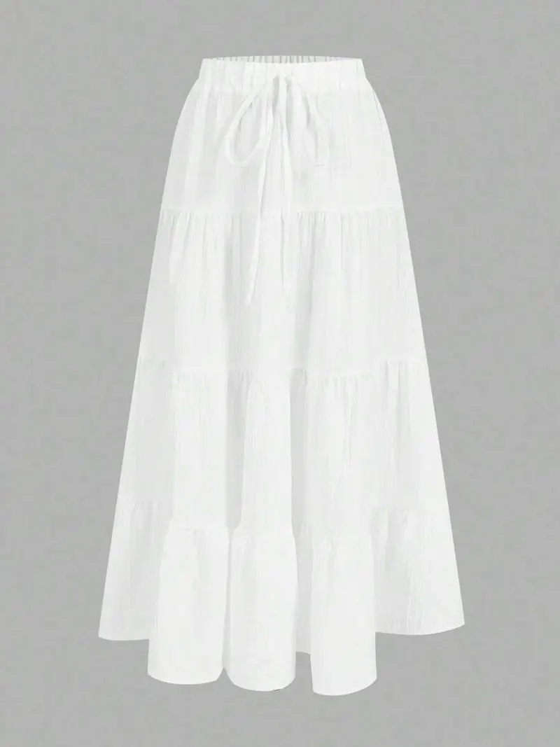 Women's White Chiffon Tiered Elastic High Waist A-Line Maxi Skirt - Breathable Summer Casual Style