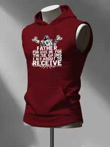 Men's Fashion Hooded Tank Top, Jesus Lifting Weights Graphic Print, Humorous Religious Statement, Loose Streetwear Sleeveless Shirt