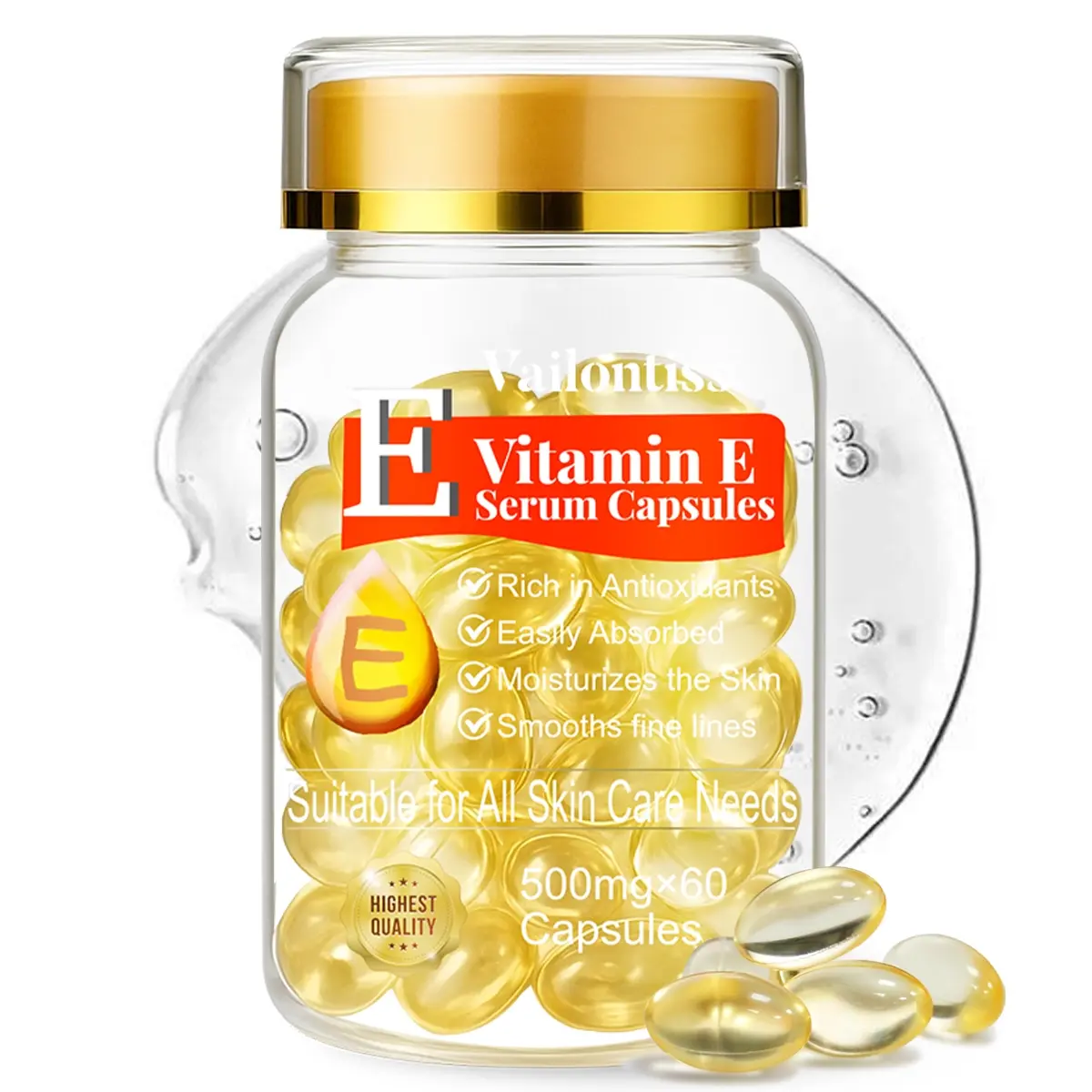 Vitamin E Facial Serum Capsules, 60 Pieces, Firming Moisturizing Serum, Smooths Wrinkles, Hydrates & Moisturizes Skin, Lightweight & Easy Absorption, Lightweight Hydrating Firming