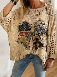 Elegant Women's Butterfly Knot Letter Leopard Print Top, Casual Vacation Style Sweater, Comfortable Breathable Long Sleeve Knit, Batwing Shoulder Design, Knitwear