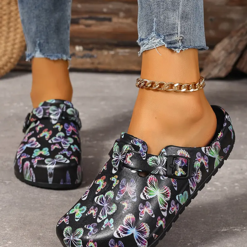 Women's Fashion Print Eva Casual Foot Clogs, Butterfly Print Mules, Summer Anti-Slip Slip Resistant Work Shoes, Lightweight Flat Soft Sole Adjustable Buckle Closed Toe Beach Garden Fall