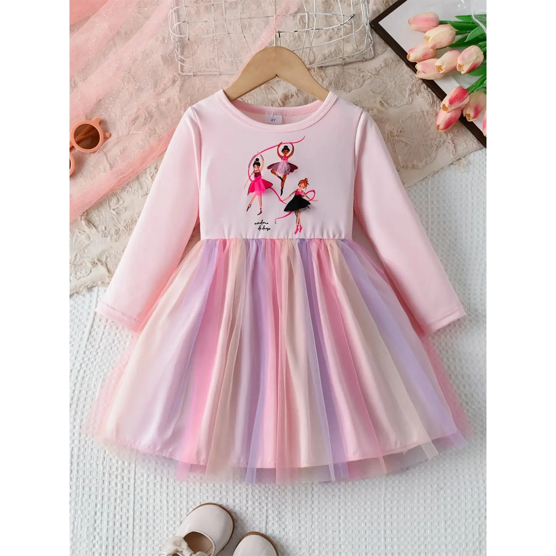(New)Cute Ballerina Girl Pattern Dress, Colorblock Mesh Long Sleeve Round Neck, Casual Princess Dress for Fall Winter, Girls' Fashion, Birthday Dresses, Layered Tulle Dress, Tulle Overlay Dress