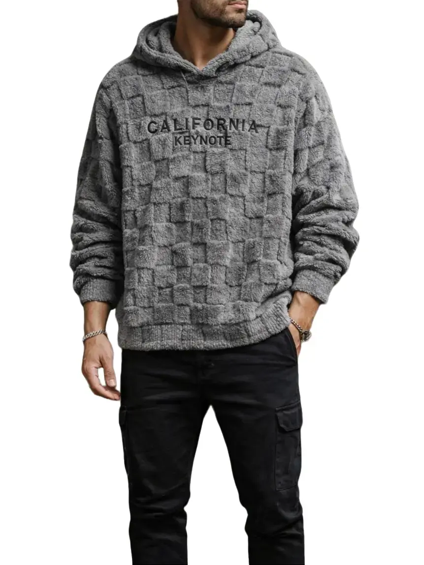 Men's Oversized Embroidered Fleece Long Sleeve Hoodie - Fuzzy Textured Fabric, Stretch, Casual Relaxed Fit Pullover for Winter Streetwear Menswear Tops