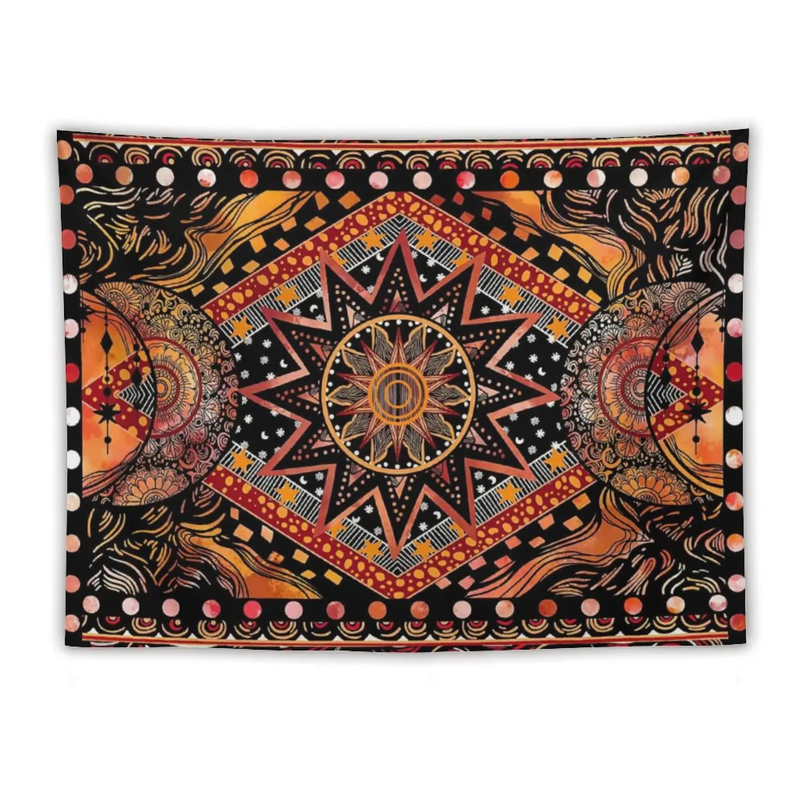 DailyNap Vintage Bohemian Orange Sun and Moon Print Flannel Fabric Wall Hanging - Ethnic Pattern, Durable, Machine Washable, Fade Resistant Hippie Mandala Home Bedroom Decor Decoration Items for Indoors