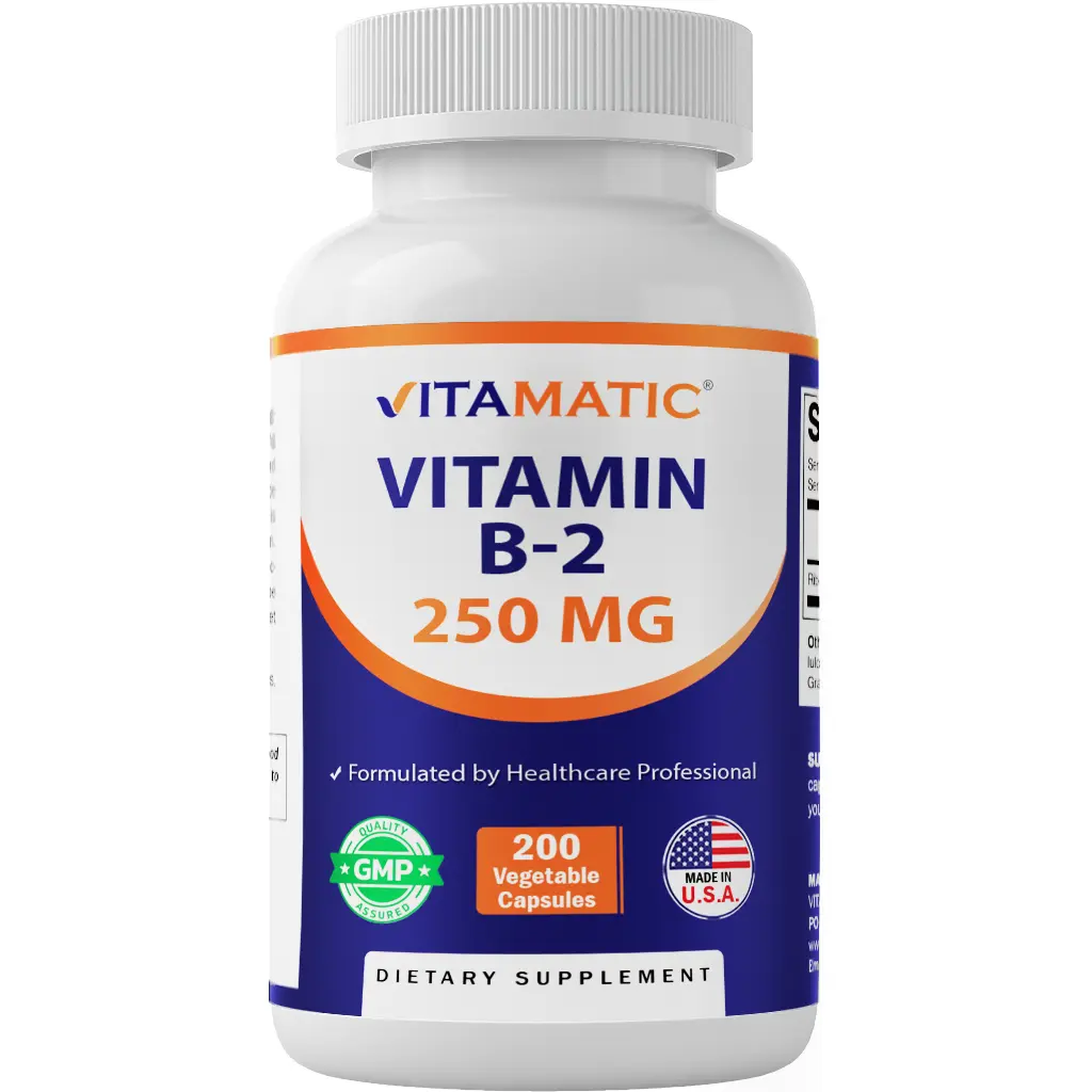 Vitamatic Vitamin B2 (Riboflavin) 250 mg Daily Nutrition Dietary Supplements - 200 Capsules, US-Made, Gluten-Free for Cellular Energy & Metabolism Support, Daily Nutrition Supplement