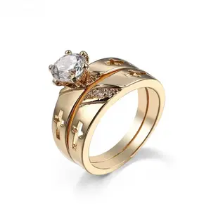 Summer Gold Cross Ring Set CZ Inlaid 2-in-1 Layered Rings Women Religious Daily Jewelry