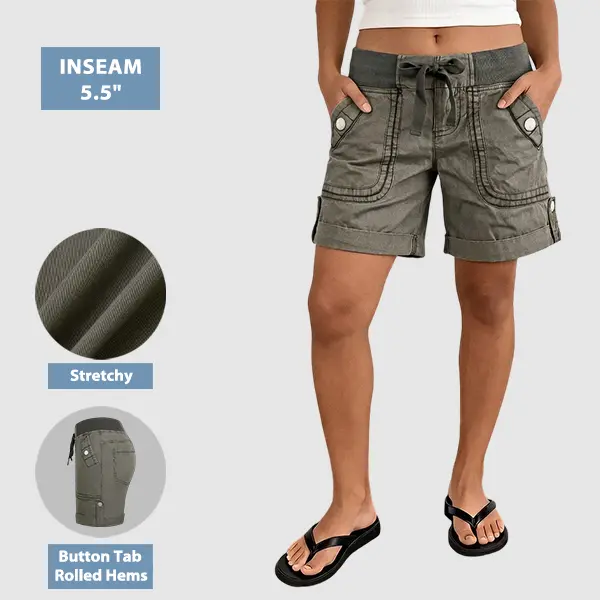 Flamingals Button Tab Roll Hem Drawstring Mid Waist Mid Thigh Shorts Womenswear Stretchy 5.5" Inseam Summer