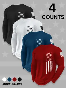 Men's Round Neck Long Sleeve T-Shirt Set, Casual Knitted Polyester Top, Slight Stretch, Basic Style, Geometric Flag Print, Spring & Fall