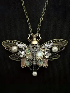 Vintage Gothic Pearl Skull Moth Pendant Necklace, Bronze Color Punk Design, Unisex Party Jewelry, Geometric Casual Style