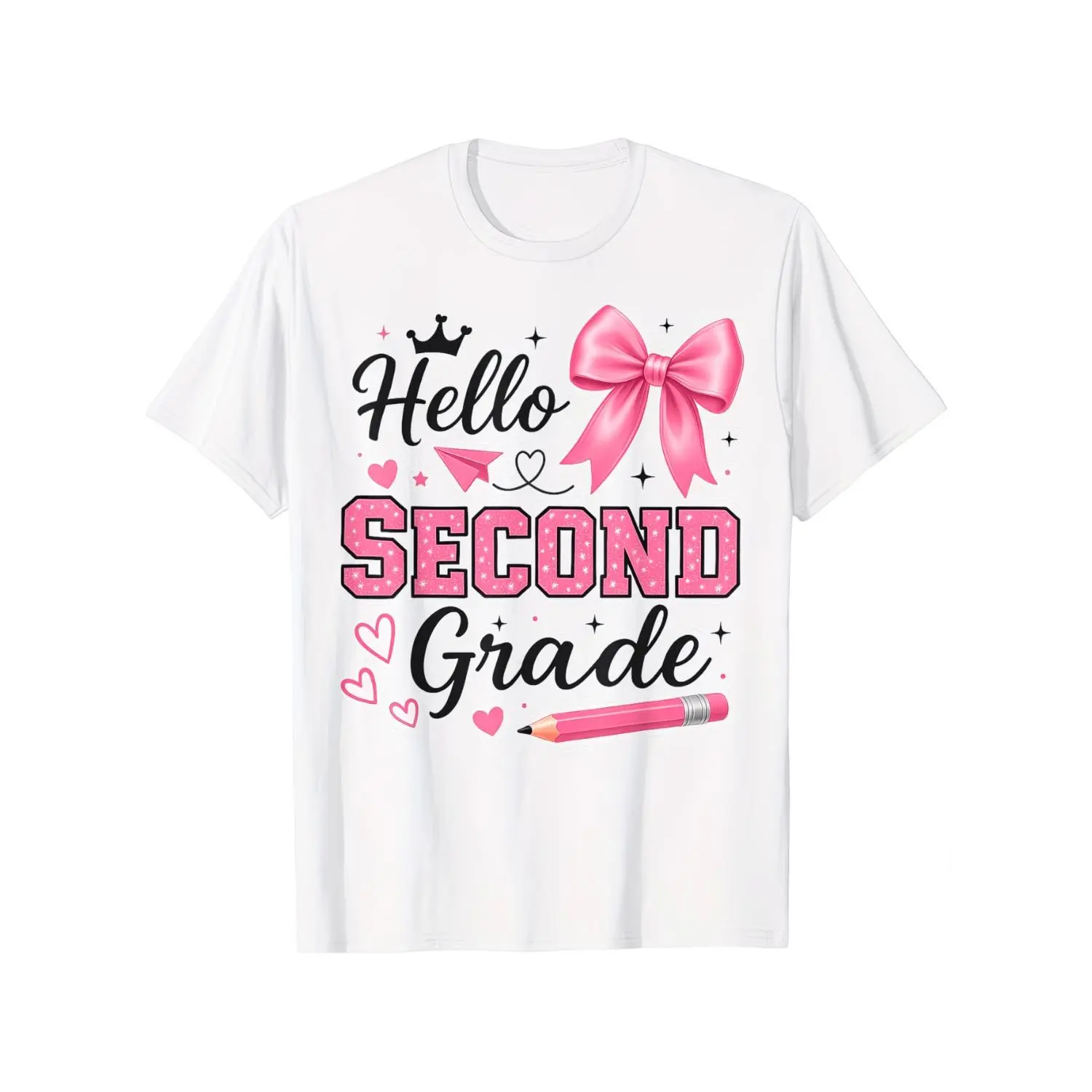Hello, The First Day of The Second Grade, The Playful Female Teachers Short-Sleeved T-Shirt, Black Casual Top, Soft Stretch Fabric, Machine Washable, Childrens School Day Style
