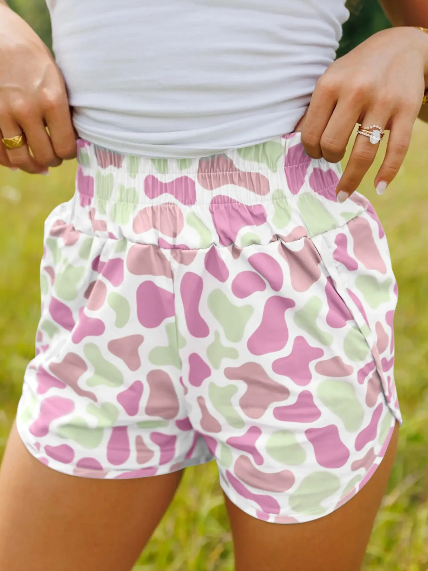 PHEFEE Women's Printed Dolphin Shorts, Casual High Waisted Bottoms with a Smocked Elastic Waist and Pockets, Flowy Breathable Fabric Summer Clothes