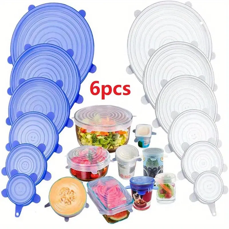 6pc Silicone lid Stretch lid Reusable airtight food packaging lid Keep fresh airtight bowl Elastic packaging lid Kitchen cookware Reusable Silicone Covers Silicone stretch lids