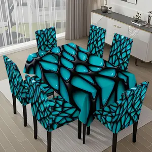 5/7-piece 2D Flat Printing Blue and Black Irregular Splicing Printing Pattern Tablecloth and Chair Cover Set, for dining table and chair decoration, perfect for home, holiday gatherings, restaurants, and parties.