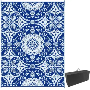 Outdoor Rug for Patio, 9' x 12' Waterproof Large Mat, Reversible Plastic Straw Rug for Decor, Portable Outside RV Camping Area Carpet Mat for Backyard Porch Deck Picnic, Blue & White Floral