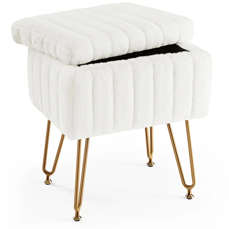 Vanity Stool with Storage Soft Padded Makeup Footstool Ottoman Seat with Metal Legs Adjustable Feet Cute Footrest for Bedroom and Entryway Modern Furniture 10L Hidden Storage 360° Swivel