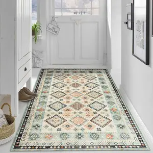 【Velvet + 850g/m² + Anti-slip dotted base】1pc Fresh light beige base color, tribal geometric diamond pattern rug, comfortable and beautiful, versatile decorative style, high-definition pattern printing with double-locked edges.