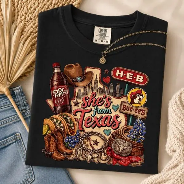 Comfort Colors She's From Texas Shirt, Texas Cowgirl Graphic Tee, Western Texas Pride T-Shirt, Dr Pepper H-E-B Buc-ee's Inspired Shirt, Southern Country Gift for Texas Lovers , By Lee Holsey