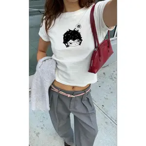 Y2K Hirono Thinking Baby Tee – Cute Anime Graphic Tee, Coquette Style, Trendy Vintage Outfit