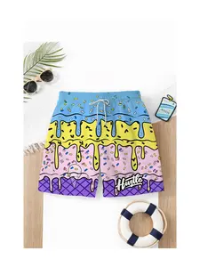 Summer Boys' Ice Cream Melted Candy Print Drawstring Beach Pants, Kids Loose Fun Trendy Swim Shorts, Casual Cartoon Pattern