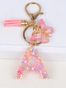 Cute Initial Keychain Fringe Butterfly Pendant, Drop Glue Sequin Letter Keychain, Ladies & Girls Purse Handbag Backpack Accessory, Keychain For Bags