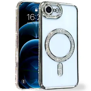 Luxury Rhinestone Magnetic Transparent Phone Protective Case Cover for iPhone 16E  SE4  17E