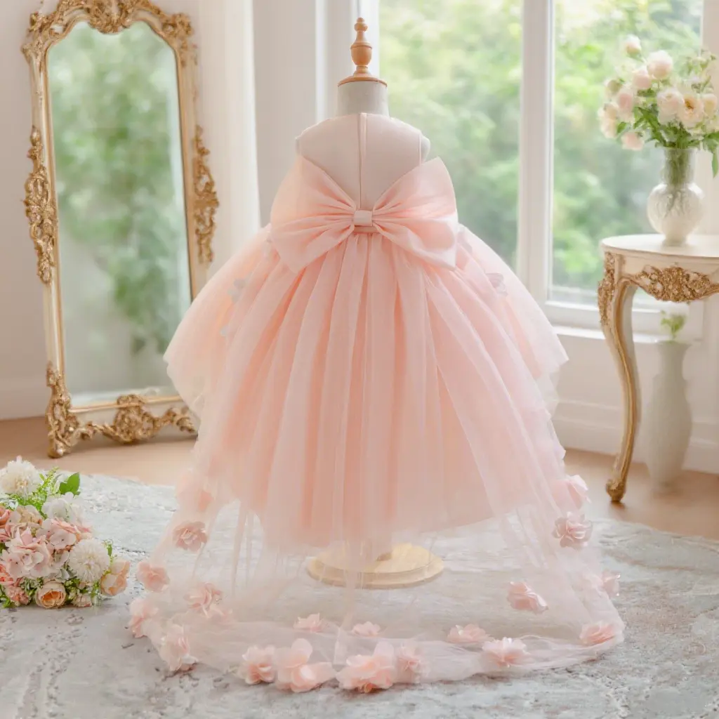Girls' Floral Pattern Party Dress, Stylish Train Design, Elegant Sweet Outfit for Weddings and Events (Style 3083), Floral Pattern Dress