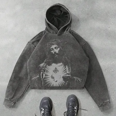 Unisex Men's Jesus Print Cross Print Faith Inspired Hoodie, Casual Loose Graphic Hooded Sweatshirt for Fall & Winter, Men's Top for Daily Wear, Pullover, Cotton, Religious Sweatshirt Gift