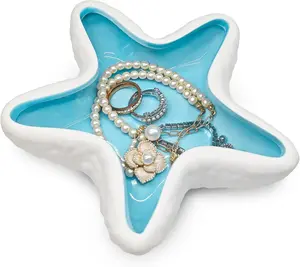 Decorative Ceramic Star Shape Jewelry Storage Dish - Smooth, Glossy, Modern Coastal Home Organizer, Trinket Tray Ring Holder for Earrings, Necklaces, Mother’s Day Gift (5.51" D x 5.51" W x 1.37" H)