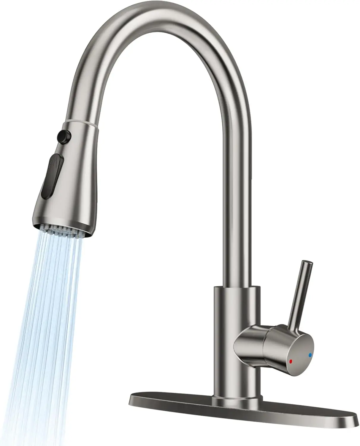 Brushed Nickel High-Arc Single-Handle Pull-Down Pull-Out Sprayer Waterfaucet, Deck-Mounted Stainless Steel Tap, 1/3 Hole Compatible, 2-Mode Setting, Cold & Hot Switch, 1/2" Inlet Pipe, Suitable for Farmhouse Camper Sinks