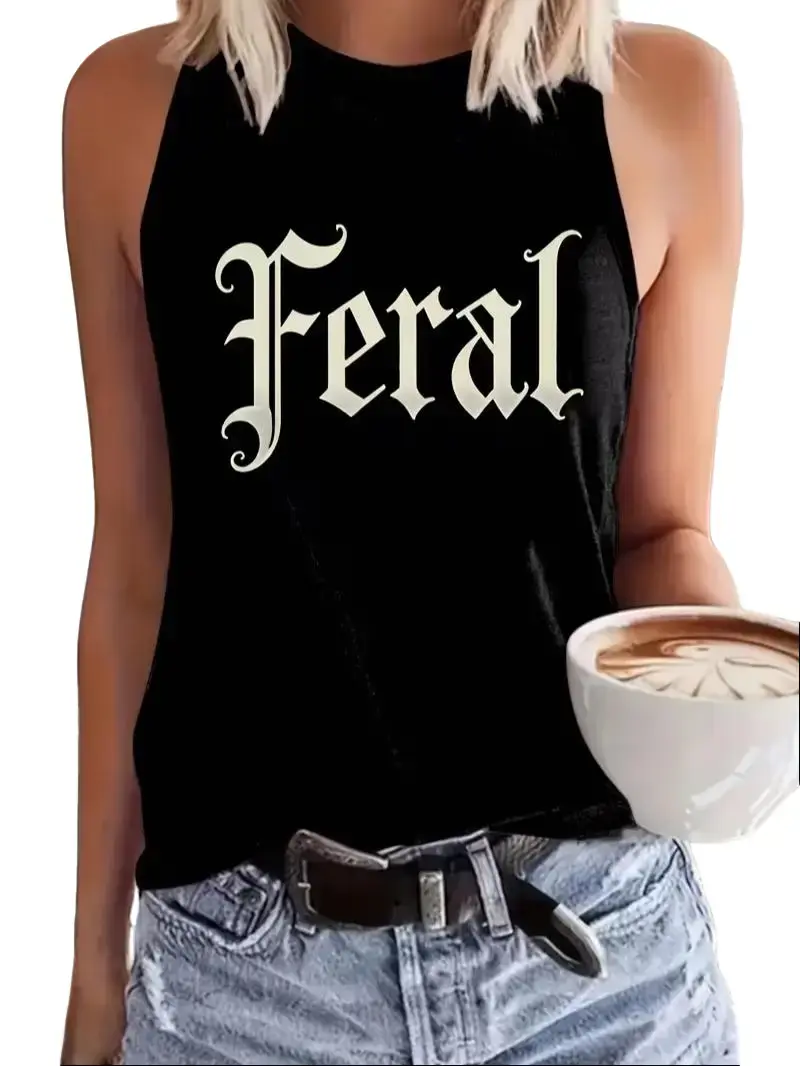 Women's Gothic Feral Letter Denim-Polyester Fabric Racerback Sleeveless Tank Top, Flattering Fits, Minimalist, Casual