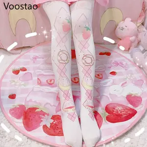 Japanese Gothic Lolita Stockings Girls Sweet Harajuku Cute Bear Rabbit Print Velvet Tights Fashion Female White Kawaii Stockings
