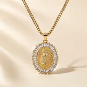 【AMKMAX】14K Gold Plated Virgin Mary Necklace for Women, Our Lady Guadalupe Pendant Necklace, Hypoallergenic Religious Jewelry Gift for Her graduation lei