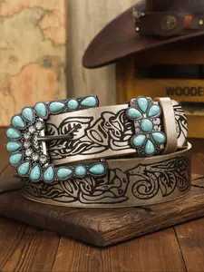 1pc Y2K Champagne-Color Printed PU Vintage Turquoise Alloy Blingbling Women's Belt, Casual All Season Accessory Gift for Her, Western Concho Belts