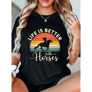 Women's Vintage Horse Riding Sunset Graphic T-Shirt, "Life Is Better With Horses" Quote, Casual Equestrian Enthusiast Tee for Daily Wear 100% Cotton T-shirt