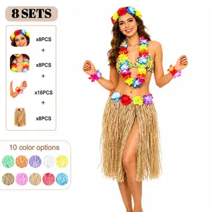 Hawaiian Party Set for 8, Hula Grass Skirt, Flower Lei, Wristbands, Summer Beach Luau Costume, Bachelorette Pool Party