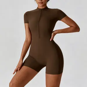 Women'S Short-Sleeved Sports Yoga Fitness Zipper Romper Shorts Tight Bodysuit Sexy Bodysuit, Zipper Design Bodysuit Shorts Bodysuit Slim Sexy Bodysuit，Romper Shorts，Romper With Easy Bathroom Access