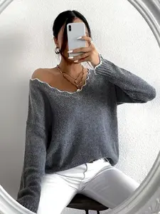 Women's Scallop Trim Drop Shoulder Oversized Knitted Sweater, Casual Long Sleeve V Neck Jumper for Fall & Winter, Comfy Fall Outfits for Women, Womenswear