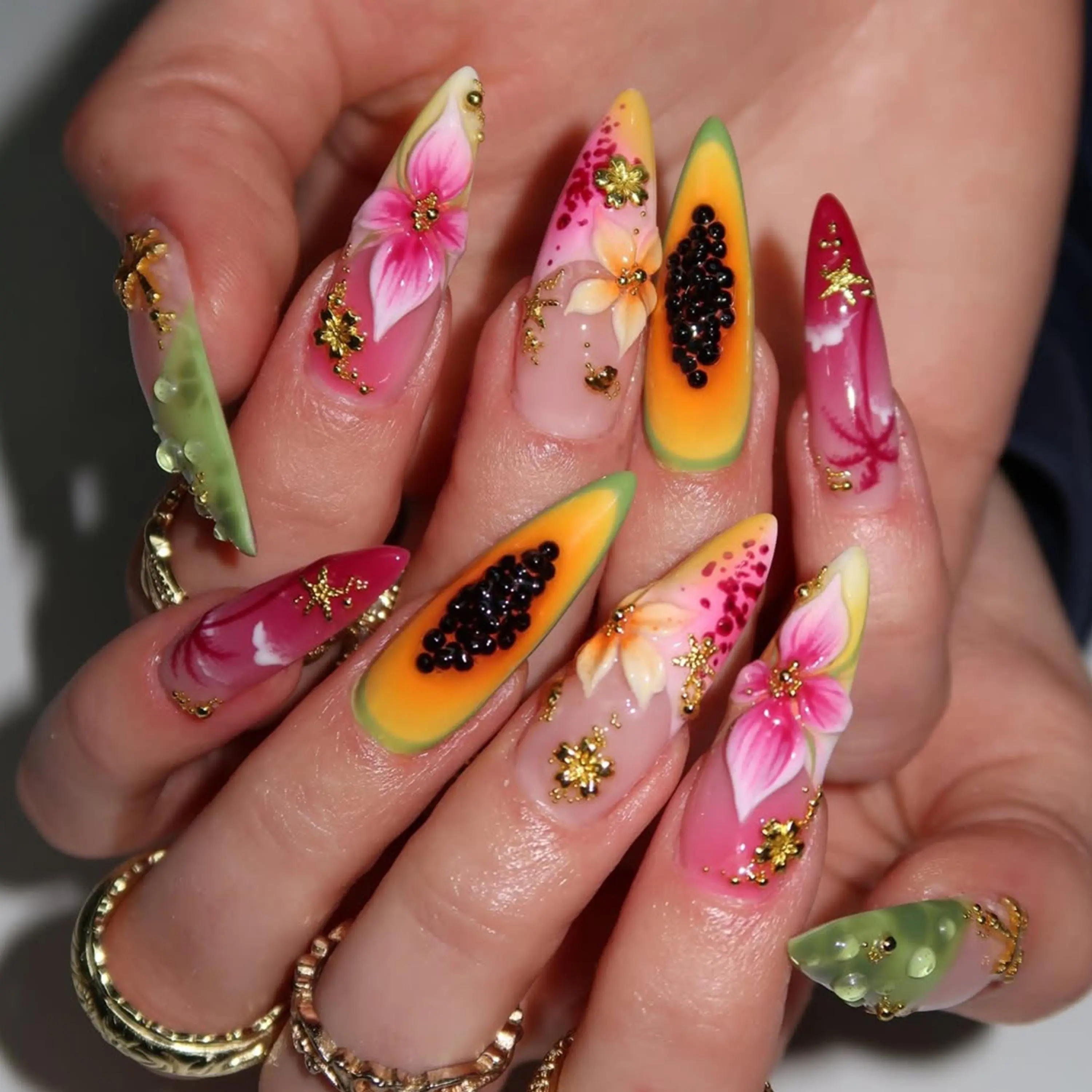 Luxury Tropical Press On Nails | Papaya Fruit, Starfish & Seahorse 3D Nail Art