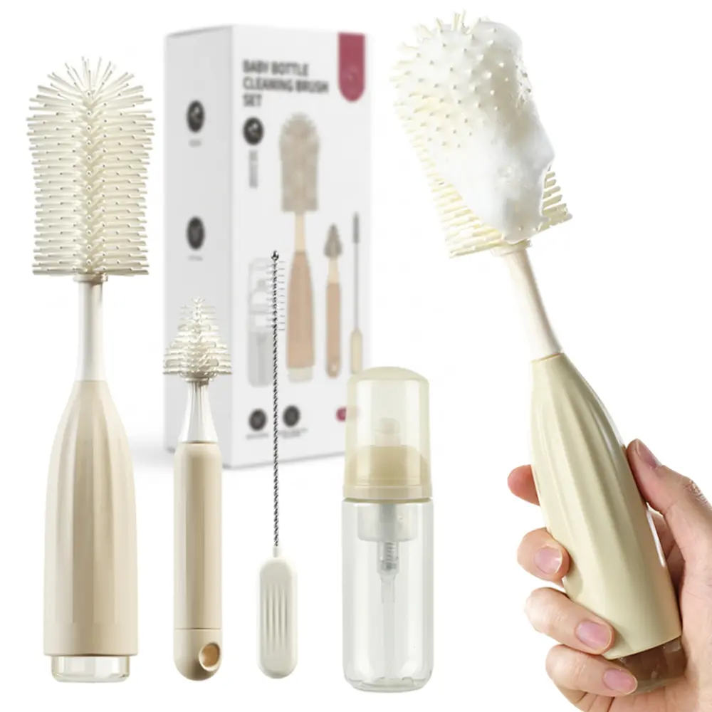 Baby Bottle Brush Kit with Foam Press, cup lid Portable Food Grade Silicone Tool with Multiple Heads, Non-Scratch for Nipples & Breast Pumps, Newborn Essentials, Green, Compact sohochic